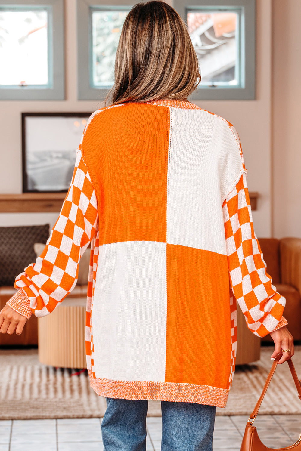Checkered Open Front Drop Shoulder Cardigan