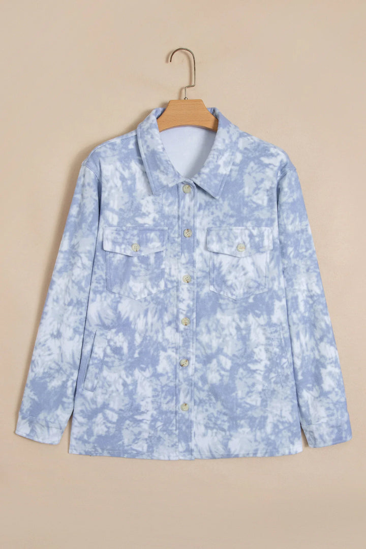 Gray Abstract Print Fuzzy Collar Long Sleeve Patch Pocket Tunic Jacket