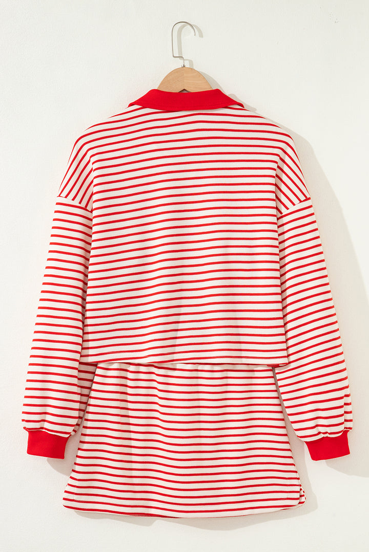 Red Stripe Collared V Neck Pullover and Skort 2pcs Outfit