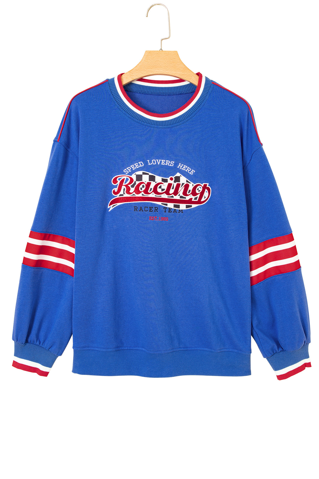 Sky Blue Abstract Racing Graphic Embroidered Patchwork Long Sleeve Sweatshirt