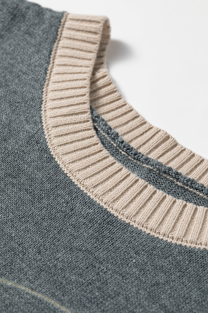 Gray Western Print Colorblock Trim Knitwear Vest
