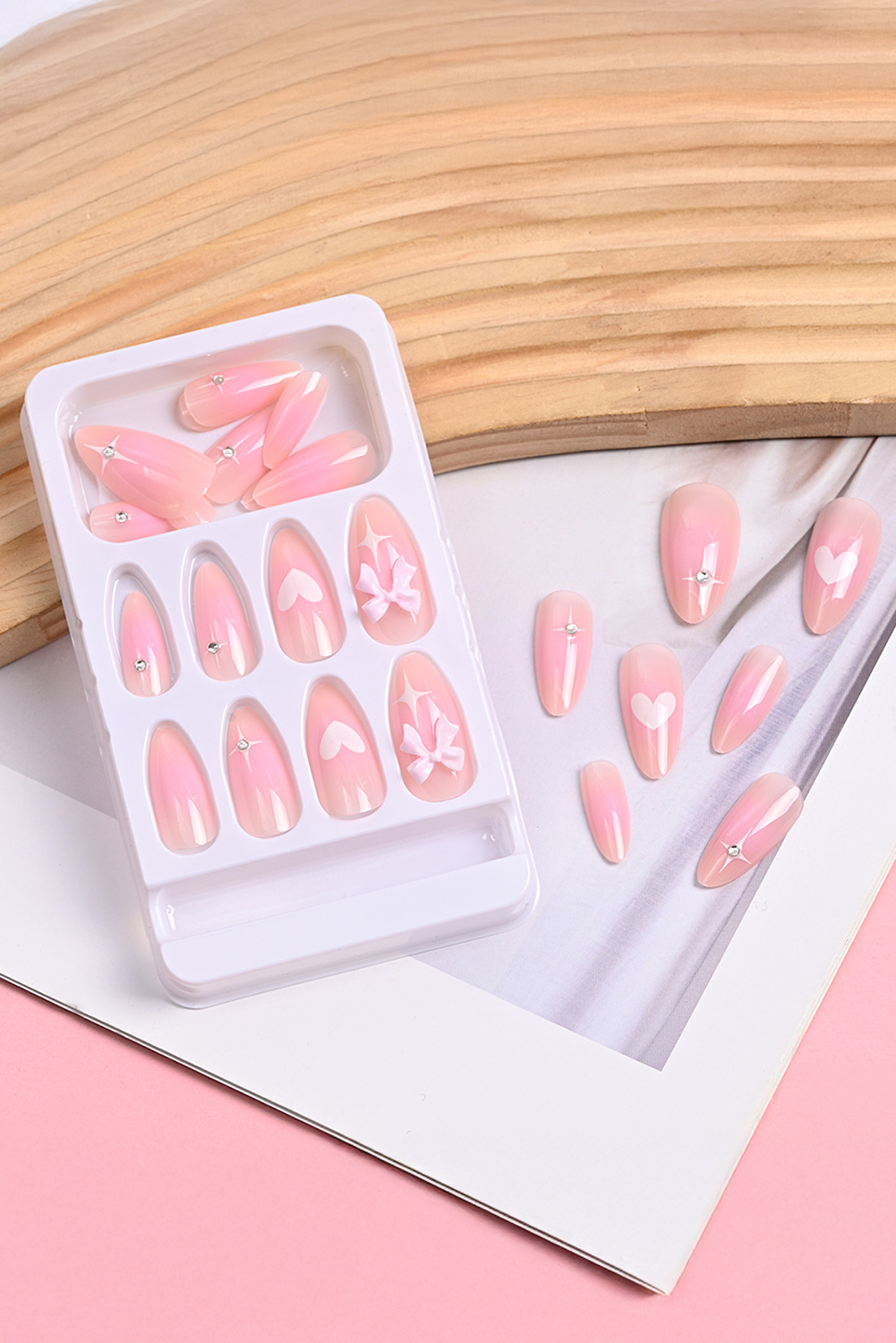 Heart Print Bow Rhinestone Decor Almond Shape False Nail