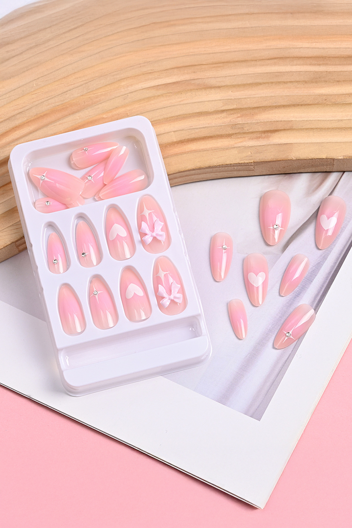 Heart Print Bow Rhinestone Decor Almond Shape False Nail