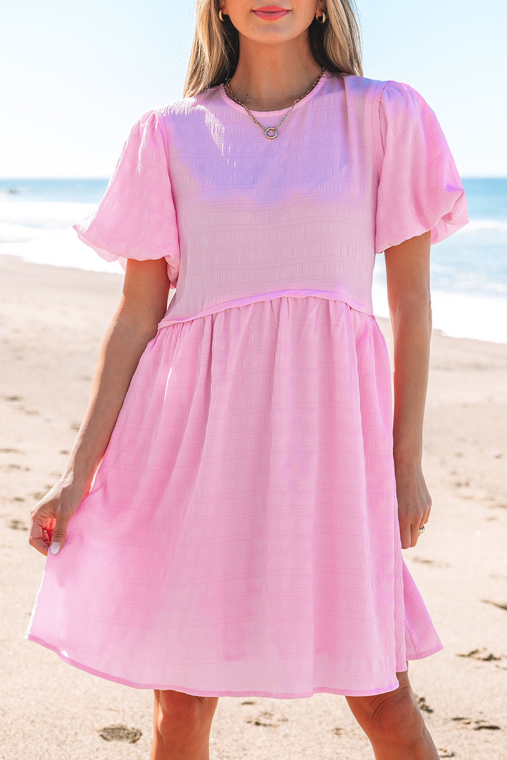 Textured Bubble Sleeve High Waist Mini Dress