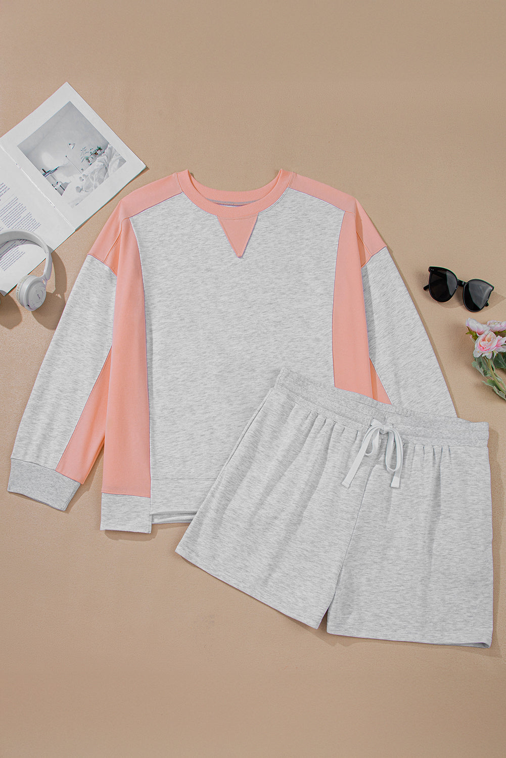 Light Grey Uneven Hem Pullover Casual Shorts Plus Size 2pcs Outfit