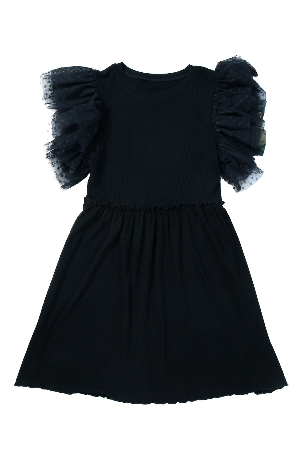 Dotty Mesh Ruffle Sleeve Ribbed Knit Babydoll Mini Dress