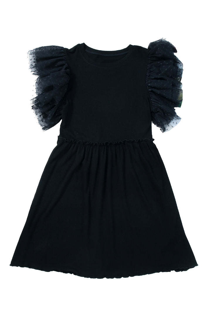 Dotty Mesh Ruffle Sleeve Ribbed Knit Babydoll Mini Dress