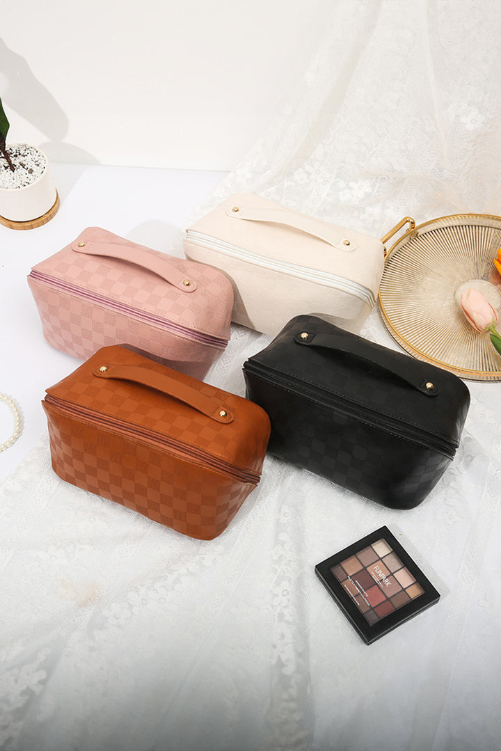 Grande trousse de maquillage en cuir PU à carreaux avec poignée