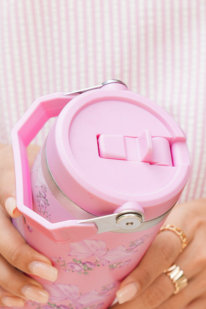 30OZ Trinkbecher mit Strohhalm und Schleife und Blumendruck