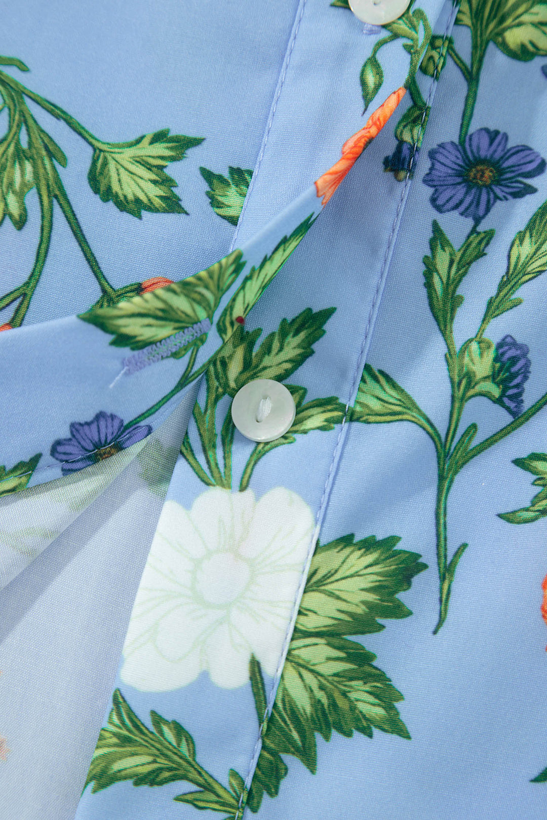 Sky Blue Floral Print Bracelet Sleeve Button Down Casual Shirt