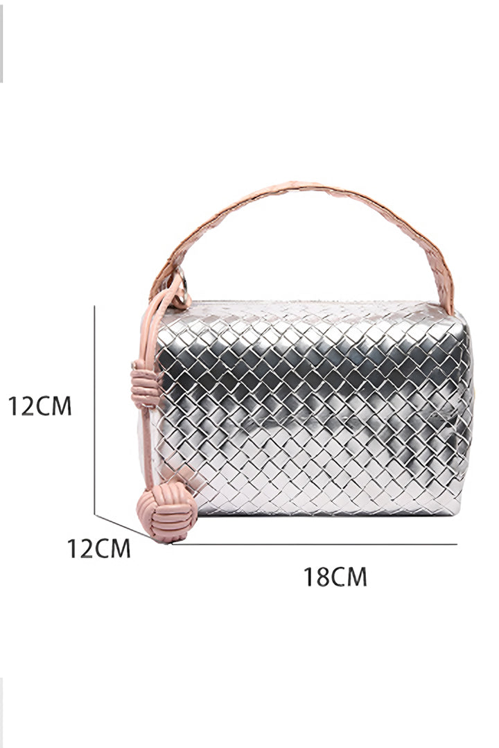 Lattice Texture Corded Ball Decor Weaven Handle Cosmetic Bag