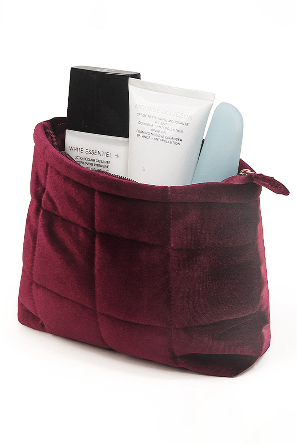 Pochette de rangement pour cosmétiques en velours matelassé avec fermeture éclair