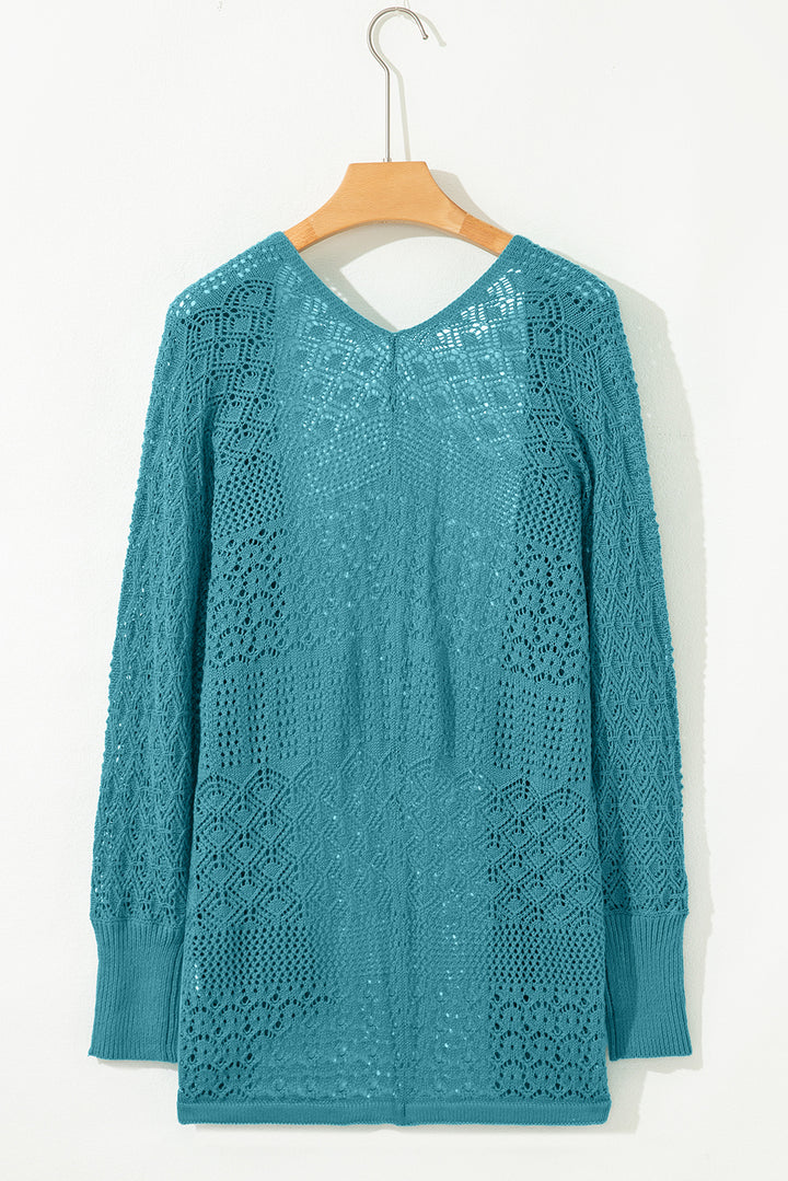 Lapis Mix Pattern Hollowed Knit Open Front Cardigan