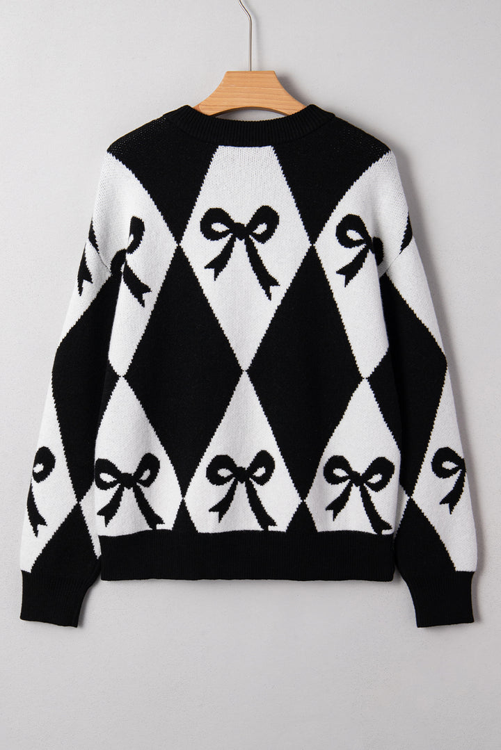 Bow Print 2-tone Rhombus Knit Loose Sweater