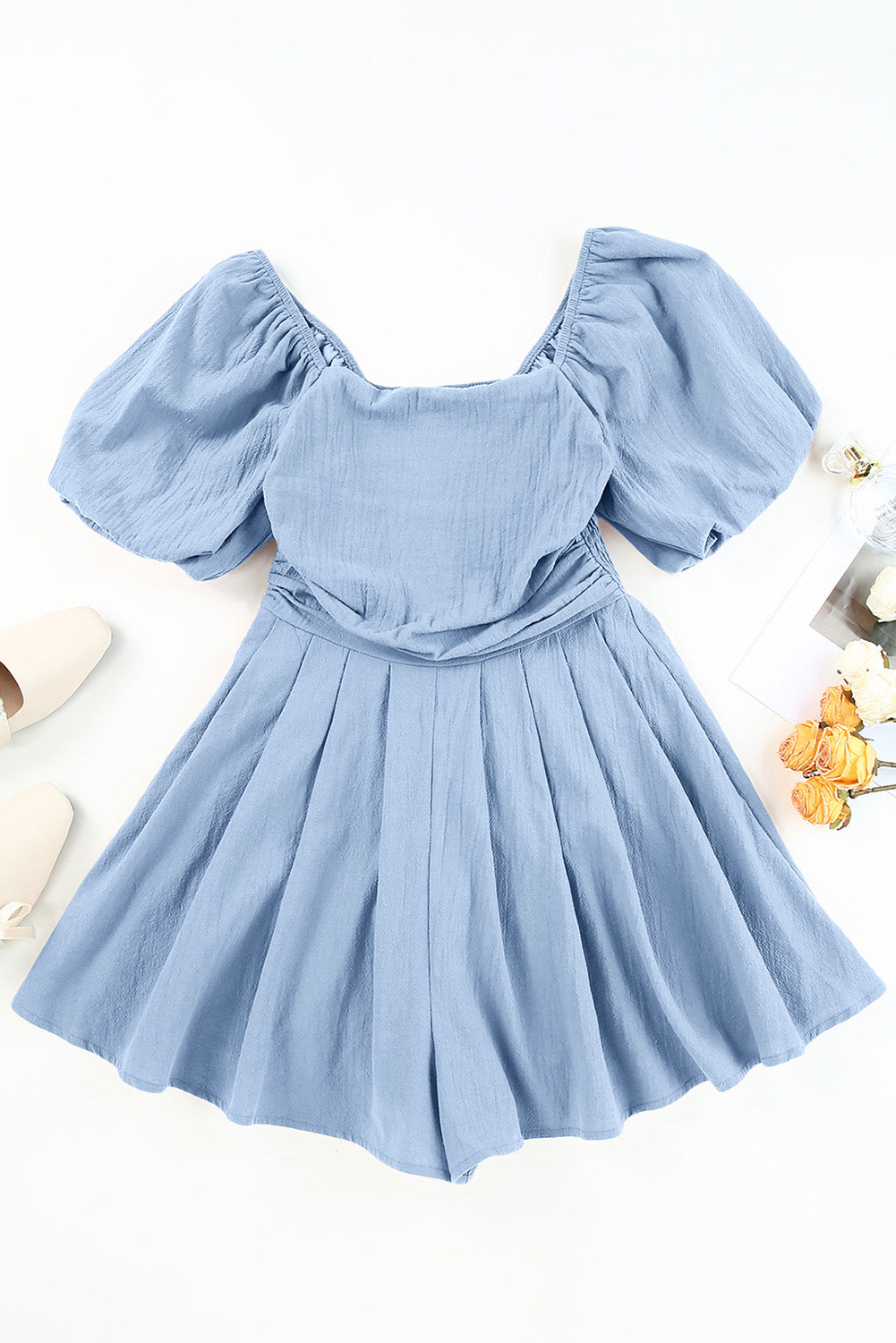 Sky Blue Brown Square Neck Ruched Puff Sleeve Romper