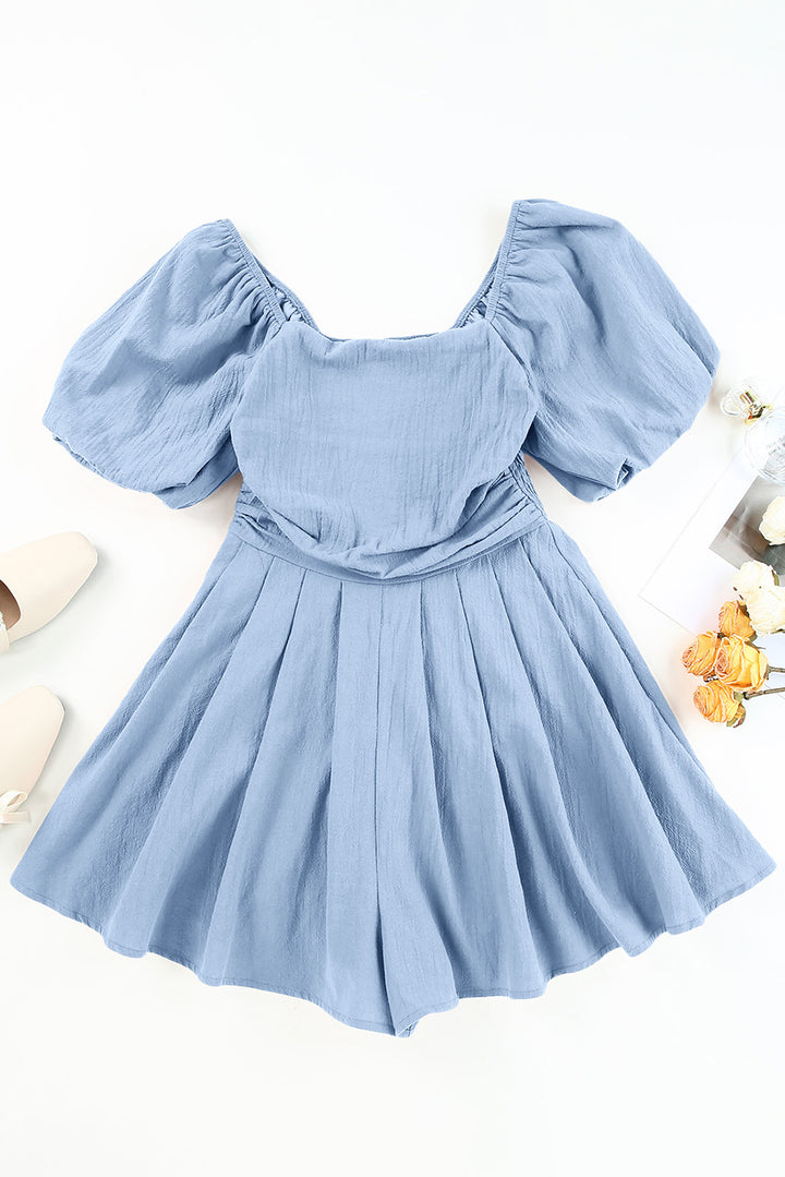 Sky Blue Brown Square Neck Ruched Puff Sleeve Romper