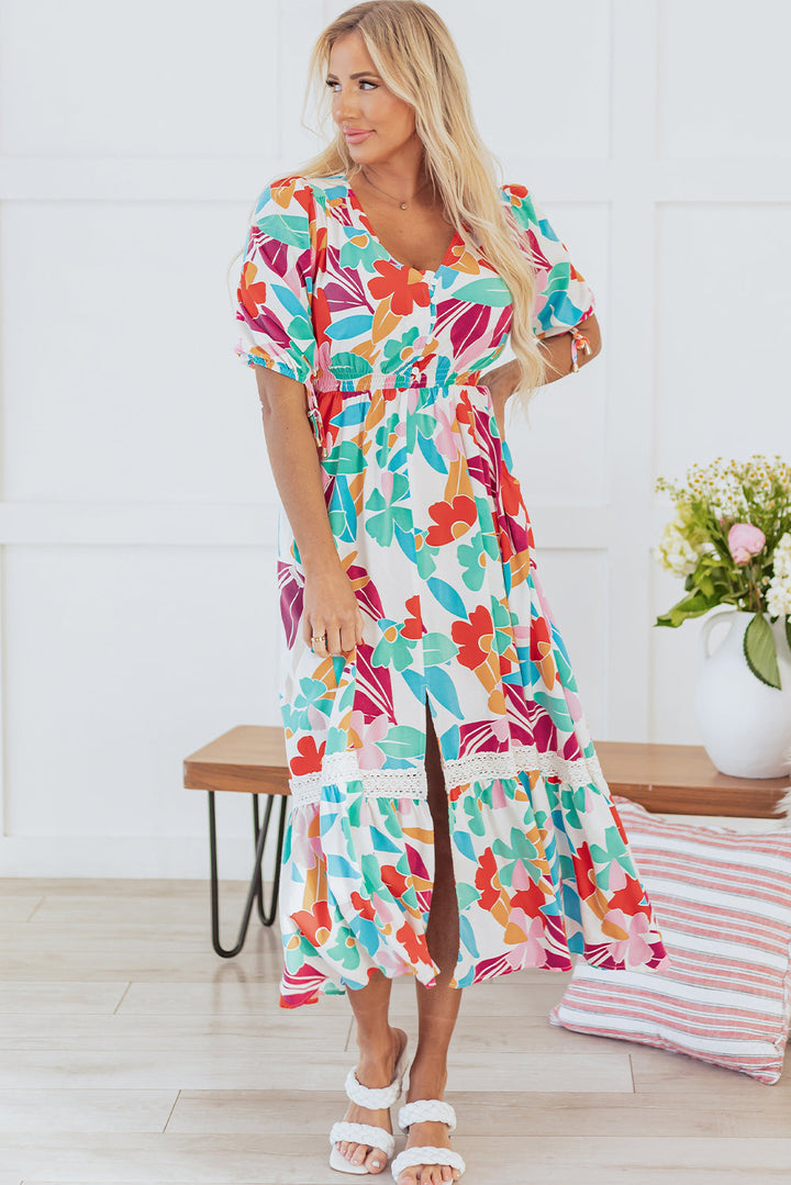 Floral Knot Puff Sleeve V Neck Buttoned Front Split Lace Maxi Dress