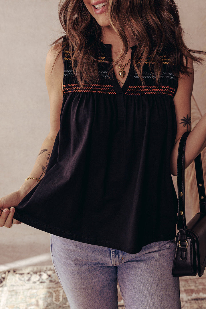 colorful shirred yoke notched v neck tank top