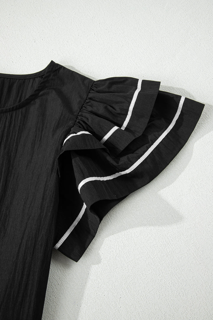 Contrast Trim Dual Ruffle Short Sleeve Textured Blouse