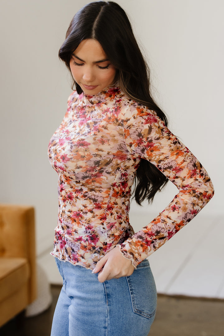 Lettuce Trim Floral Print Mesh Long Sleeve Top