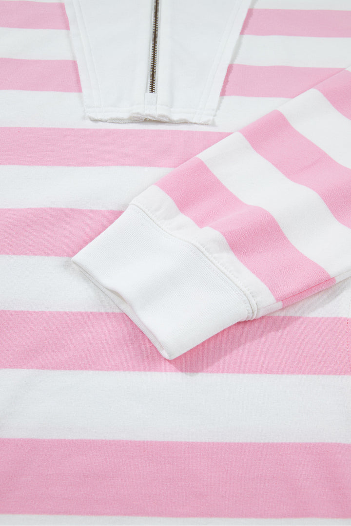 Pink Stripe Patchwork Zipper Pullover Elastic Waist Shorts 2pcs Set