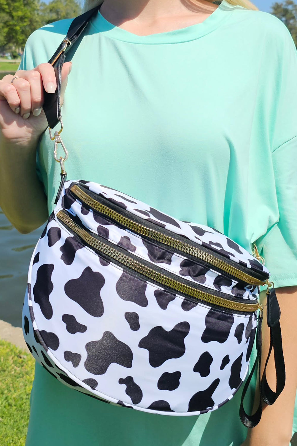 Checkered/Animal Spots Print Wide Strap Large Crossbody Bag