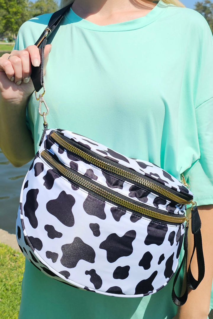 Checkered/Animal Spots Print Wide Strap Large Crossbody Bag