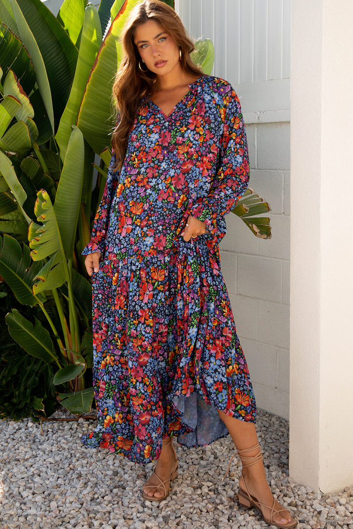 Floral Print Tassel Tie V Neck Long Sleeve Flowy Long Dress