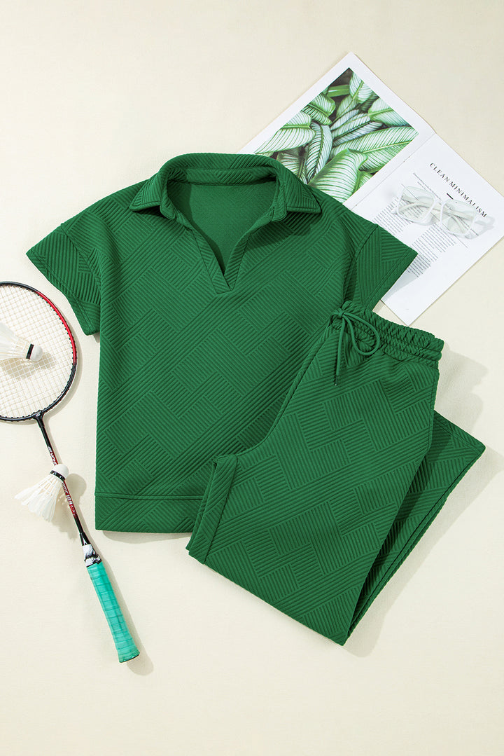 Dark Green Stylish Textured Loose Fit T Shirt and Drawstring Pants Set