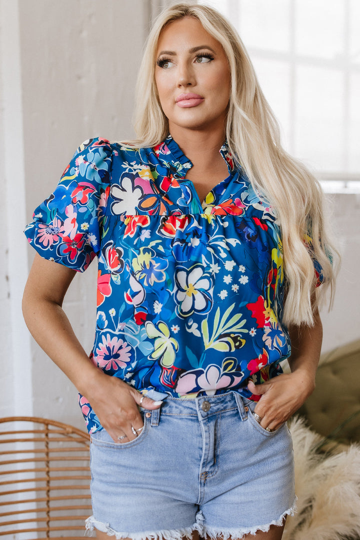 flower print collared v neck puff short sleeve loose blouse