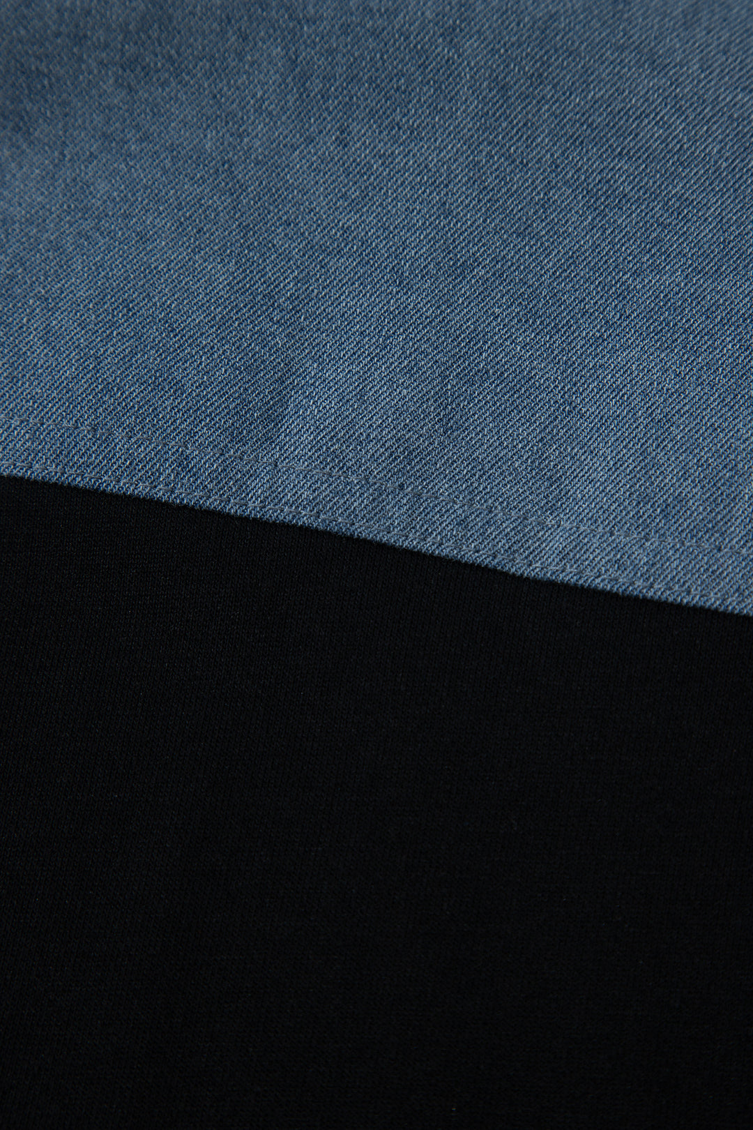 Black Color Block Denim Patchwork Button Polo Collar Short Sleeve Top