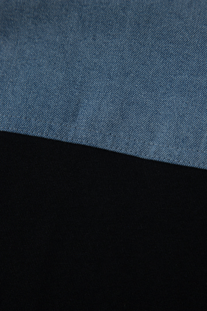 Black Color Block Denim Patchwork Button Polo Collar Short Sleeve Top