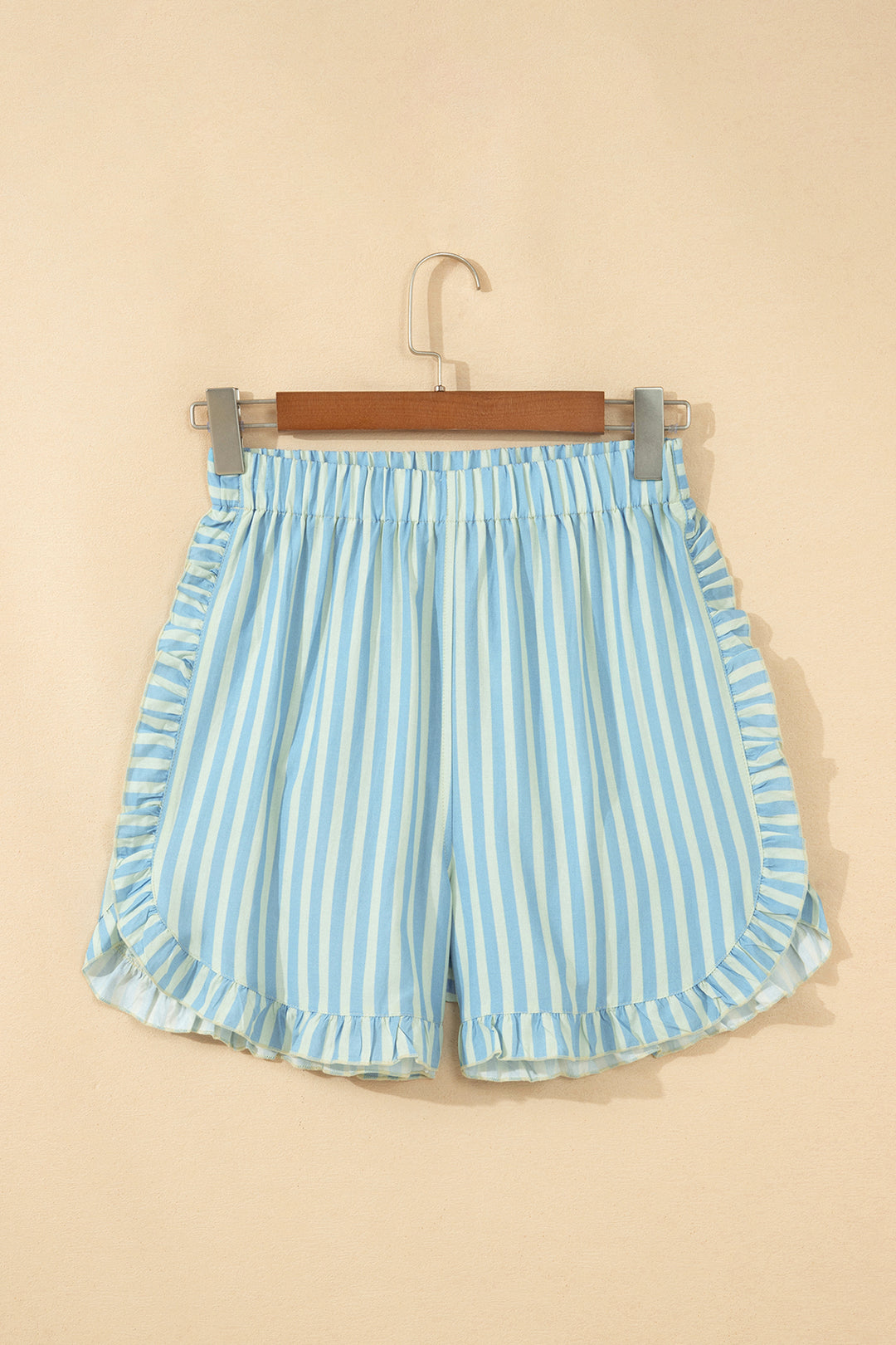 Sky Blue Stripe Elastic Waist Ruffle Trim Casual Shorts