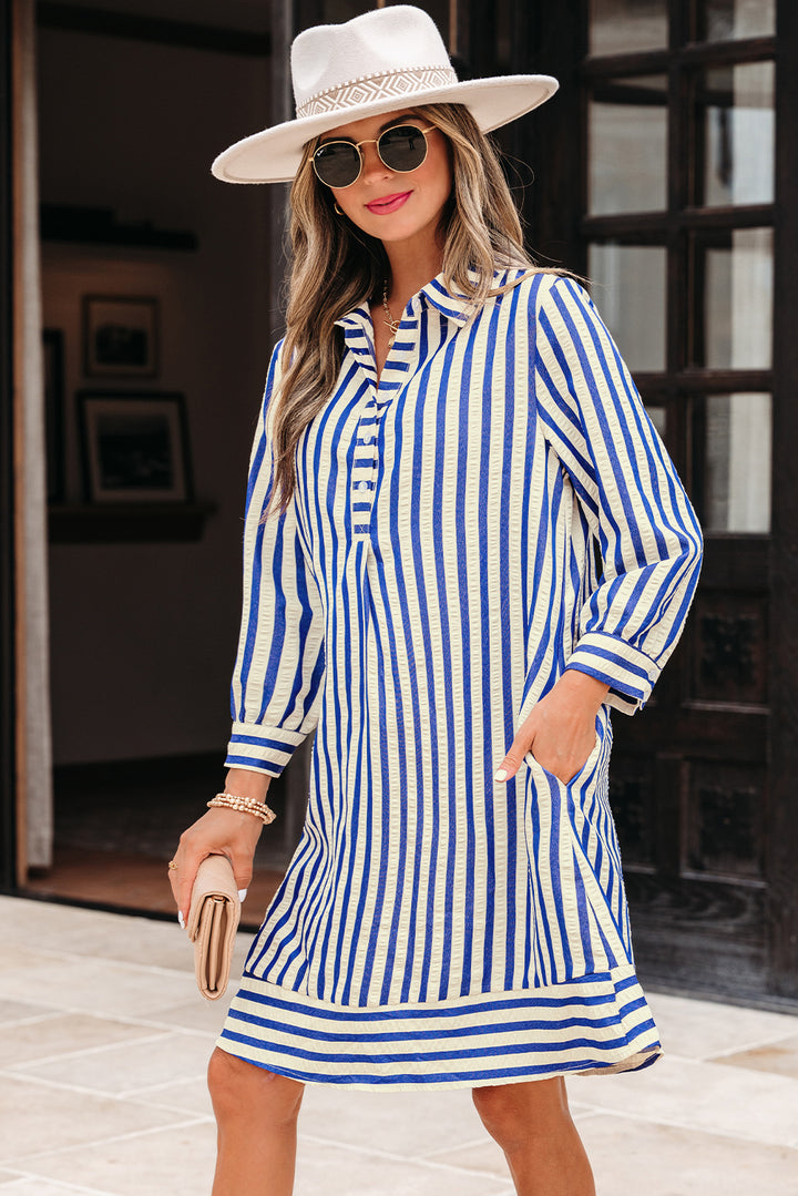 Collared Half Button Side Pockets Loose Fit Mini Dress