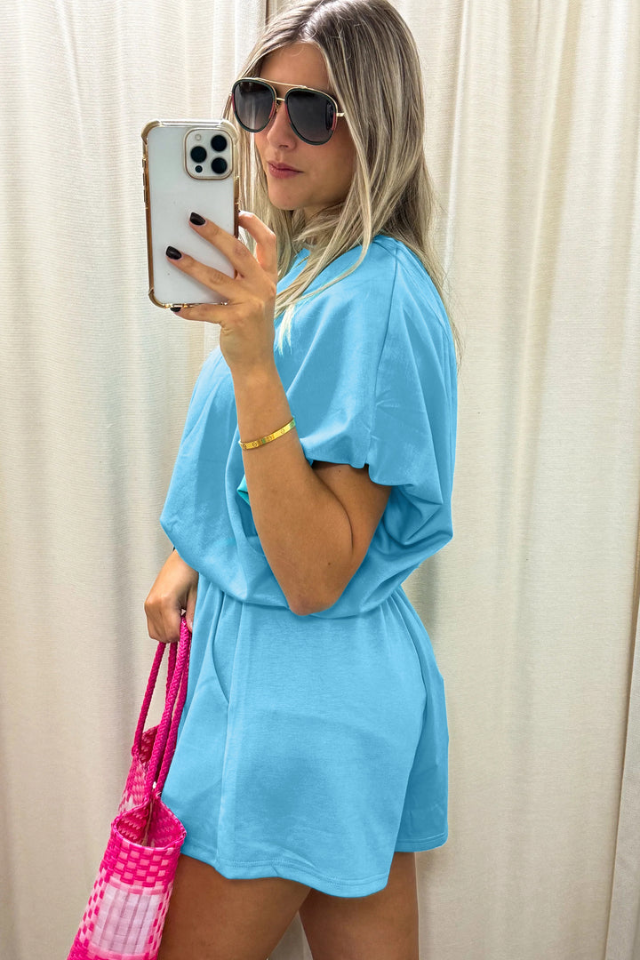 Light Blue Solid Color Puffy Loose Top Drawstring Shorts 2pcs Outfit