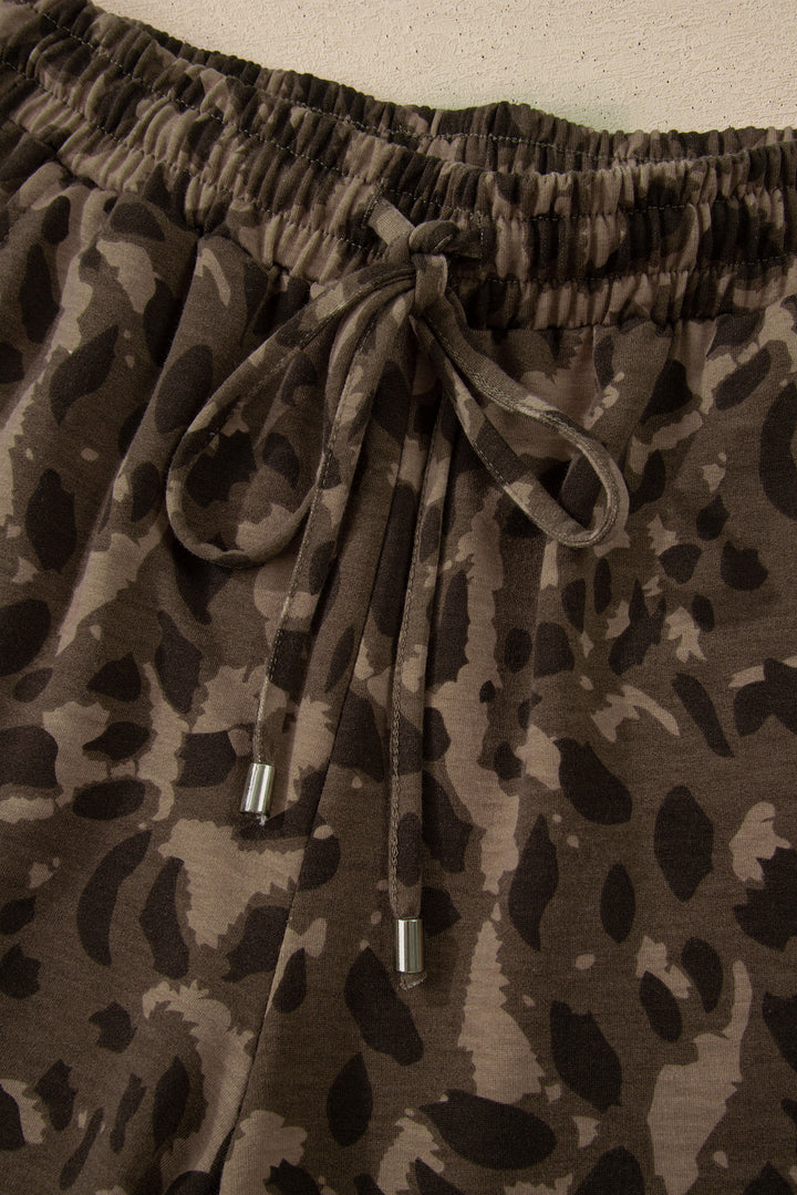 Brown Leopard Print Raw Seam Patchwork Pullover Drawstring Loose Pant Set