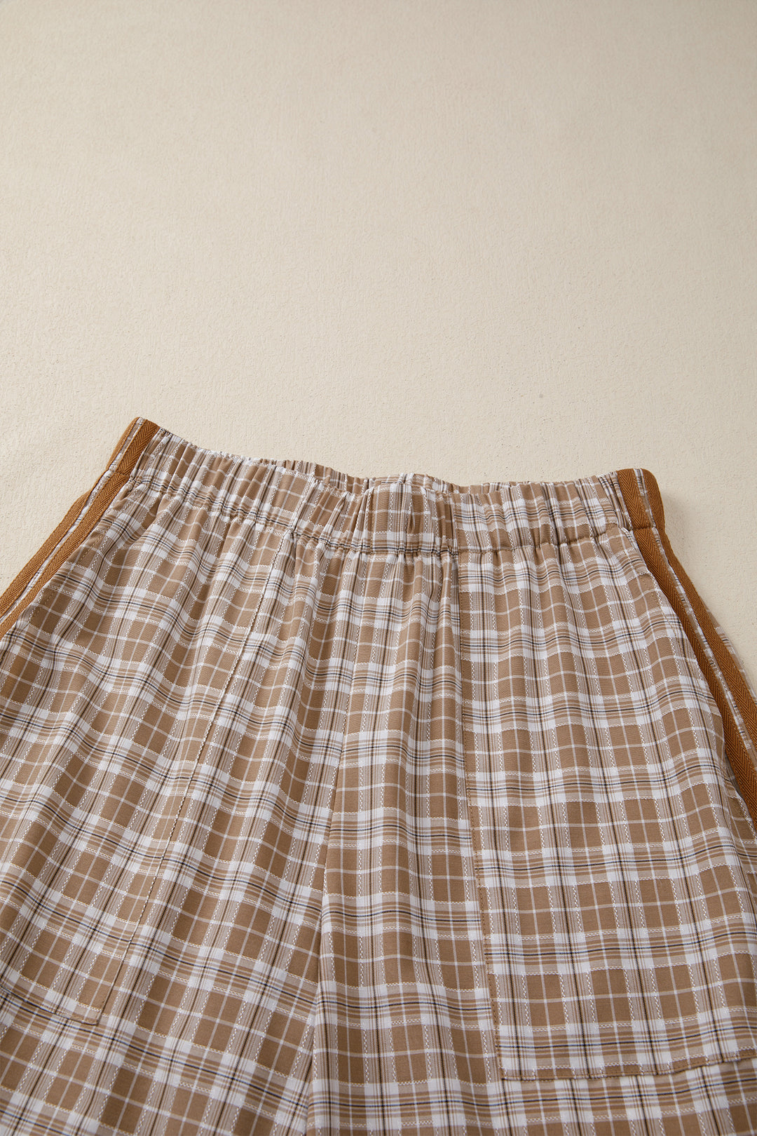 Chestnut Plaid Print Elastic Waist Bow Tie Contrast Detail Jogger Pants
