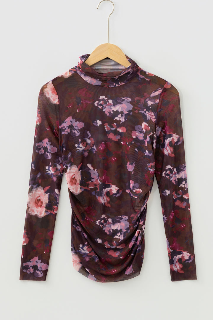Brown High Neck Ruched Floral Mesh Top