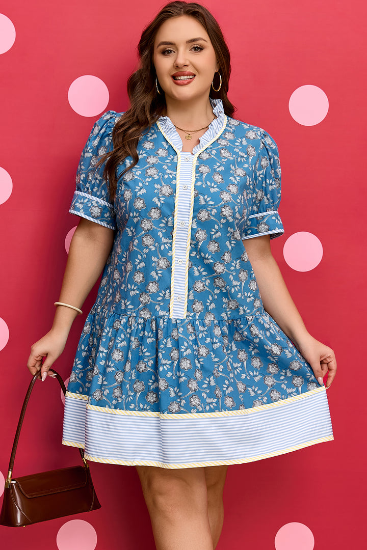 Blue Plus Size Floral Print Striped Patchwork Detail Button Front Ruffle Hem Dress