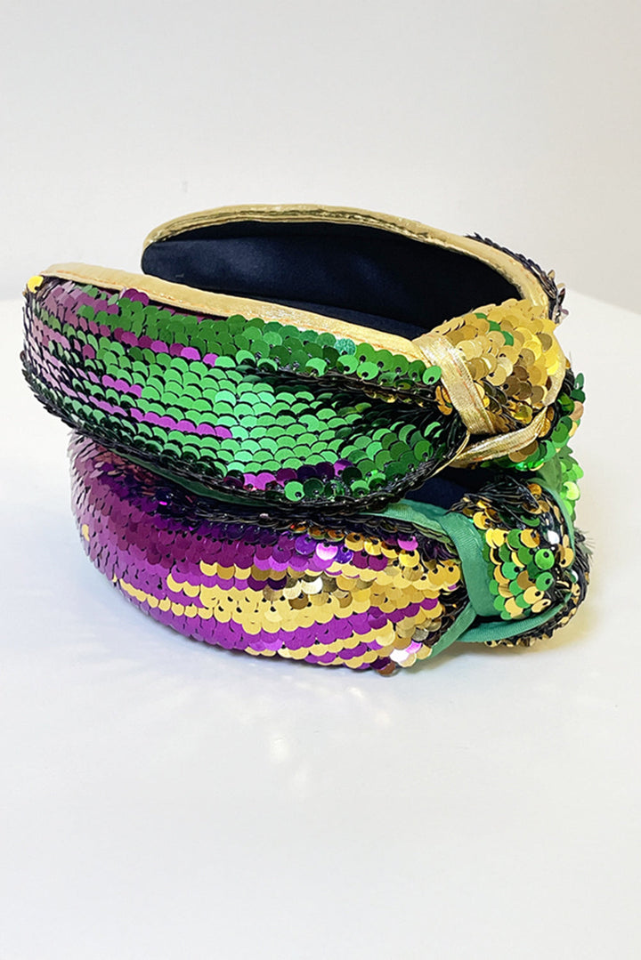 Bandeau large noué à paillettes Mardi Gras (paillettes placées au hasard)