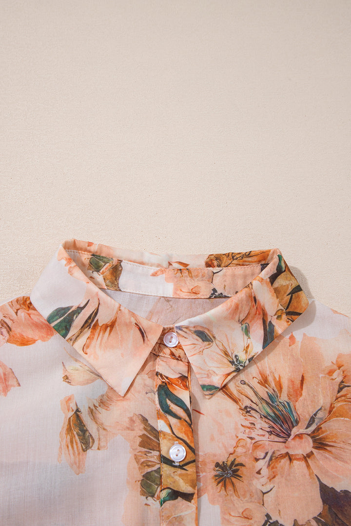 Orange Floral Puff Sleeve Lightweight Shirt