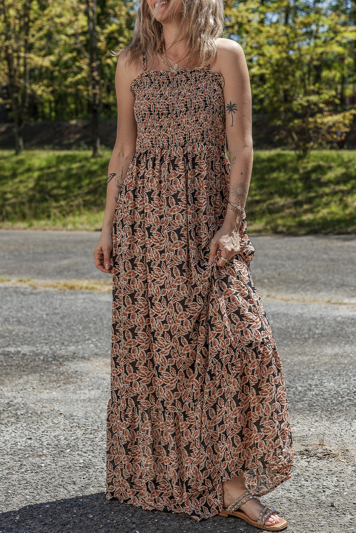 floral smocked bodice high waist flowy sun dress