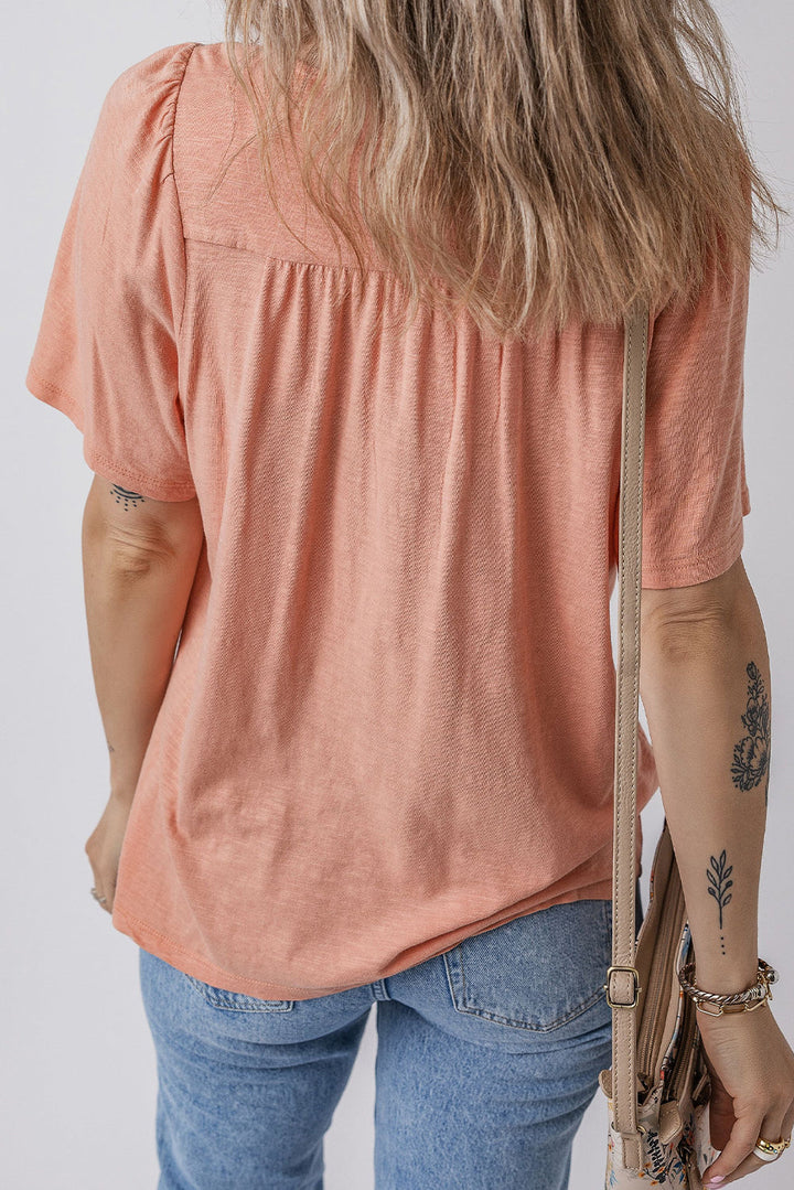 Smocked Front V Neck Pleated Babydoll Short Sleeve Top