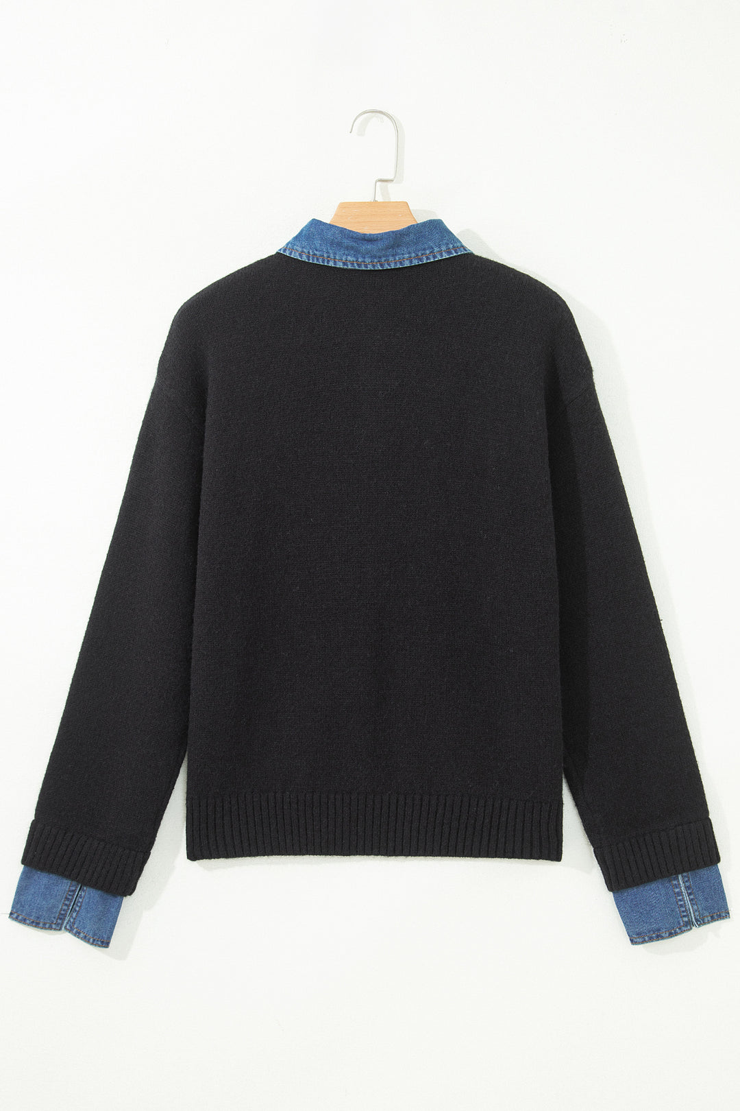 Black Denim Patchwork Collar Cuffed Casual Sweater