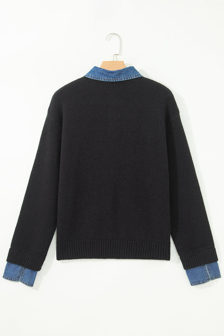 Black Denim Patchwork Collar Cuffed Casual Sweater