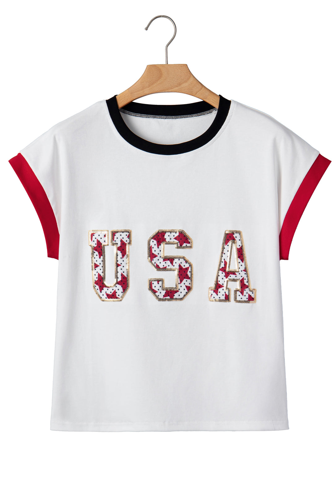 White USA Sequin Color Block Trim Loose T Shirt
