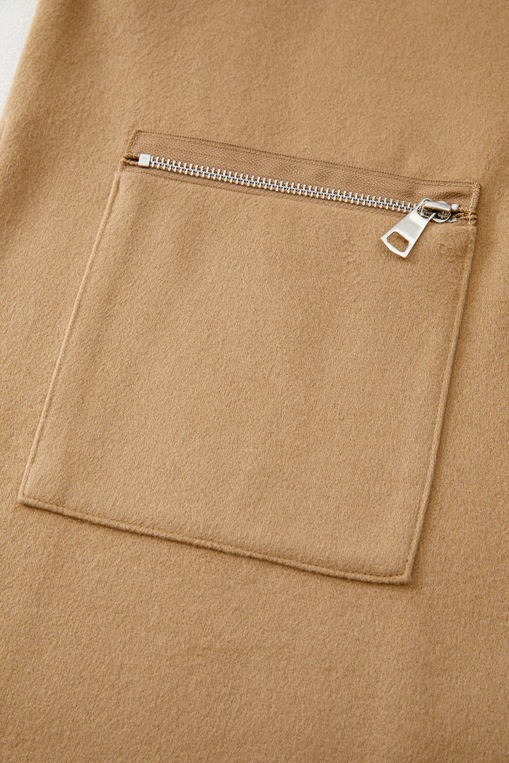 Light French Beige Solid Color Casual Zip up Hooded Coat