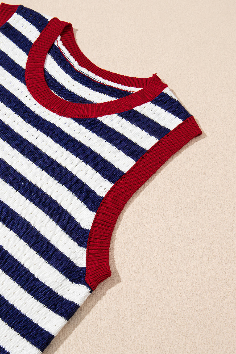 Navy Stripe Pointelle Knit Contrast Trim Sleeveless Sweater Top