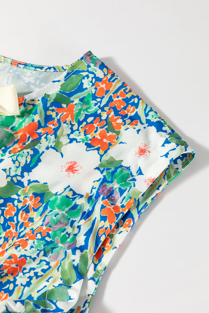 Floral Print Bow Applique Slit Sleeveless Peplum Blouse