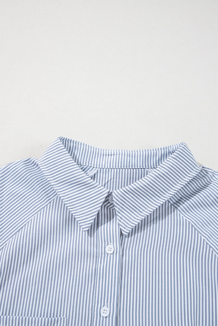 Gray Pinstripe Long Sleeve Smocked Cuffs Button Shirt Collar Blouse